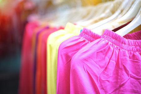 Pants pink and colorful with a hanging fabric. The background is the fabric market.