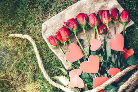 Red roses with hearts, red paper and rope on green grass in the garden.Valentine's Day Concept.の写真素材
