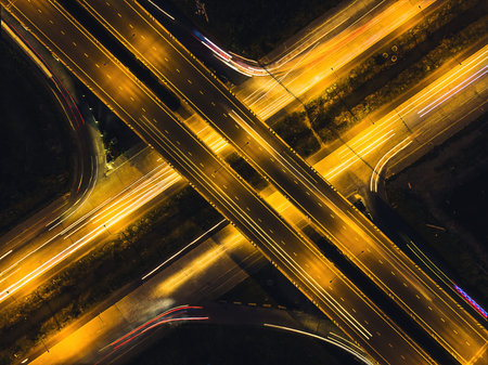 The streets around the city with evening light are high top view image.