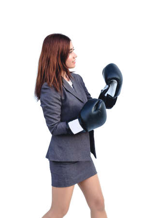 Businessmen wore boxing gowns in various poses and moods to work. Business Concepts on White Background Isolateの写真素材