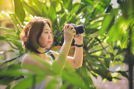 A female traveler is happily taking pictures with nature.の写真素材