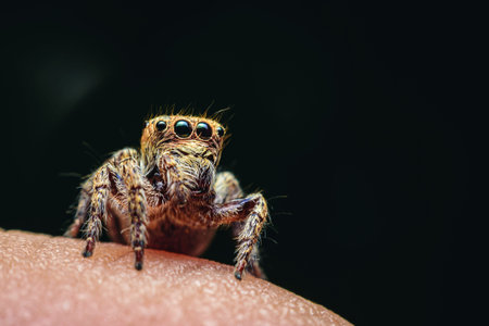 Spiders with multiple eyes dodge randomly camouflaging the prey that looks interesting as a macro image.の写真素材