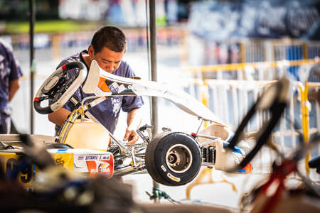 PATTATA,THAILAND-MAY 26: The technician team is preparing the Go Kart car to compete for the racetrack. in "IAME Series Asia 2019" bira circuit race pattaya on May 26,2019 IN THAILAND.のeditorial素材