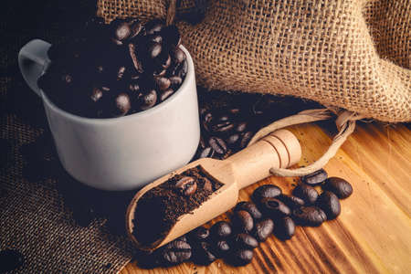 The raw coffee beans are preparing to grind into delicious coffee.の写真素材