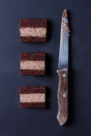 Slices of homemade chocolate cake on a dark backgroundの写真素材
