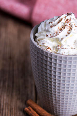 Hot chocolate with whipped cream and cinnamonの写真素材
