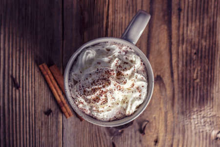 Hot cocoa with whipped cream sprinkled with cinnamonの写真素材