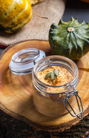 Homemade pumpkin marmalade in a jarの写真素材