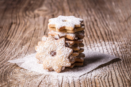 Shortbread cookies sprinkled with powdered sugarの写真素材