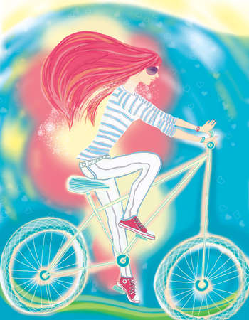 The girl and a bicycle  The sports, vigorous and cheerful girl, is engaged in productive leisure, making conducted - walk  Raster an illustration の写真素材