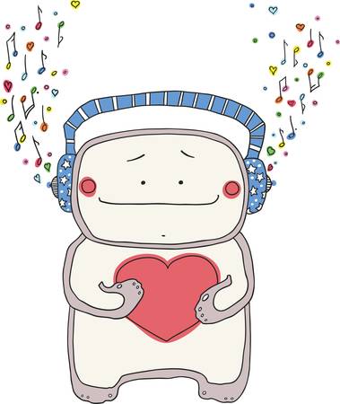 Cheerful little man in earphones, has control over a heart and listens to music のイラスト素材