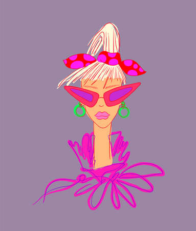fashionable girl in stylish sunglasses. trend fashion color. contour vector illustrationのイラスト素材