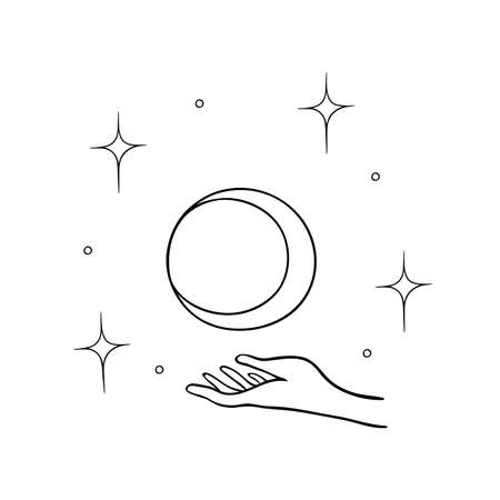 abstract   hand holding a round moon and stars in the air. design element. minimal style. vector outline illustrationのイラスト素材