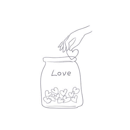 hand takes out a heart with love from a glass jar. the hand puts the heart in the jar. vector illustration.のイラスト素材