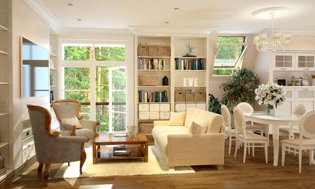 Interior of kitchen and living room in Provence styleの写真素材