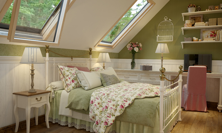 interior of the bedroom in the Provence style green with white furnitureの写真素材