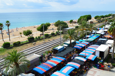 Spain, Catalonia, a local market near the sea in a small seaside townの写真素材