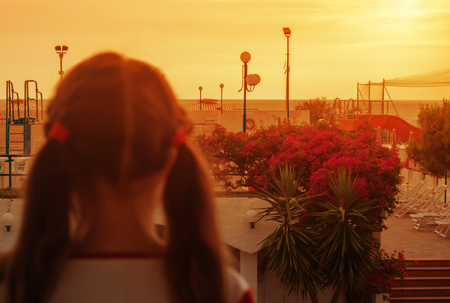 Seascape, summer, flowering plants, little girl looking at the sunset.の写真素材