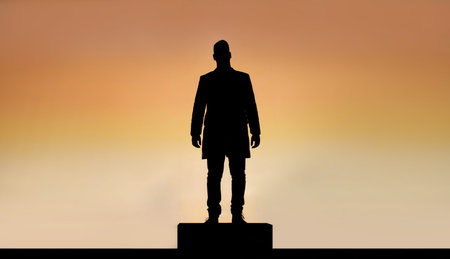 silhouette of man on a podium, warm sky background