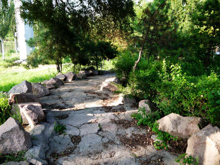 The botanical garden where sika deer is raised has beautiful flowers, the paths in the garden, the statue of sika deer, the scenery is very beautifulの写真素材