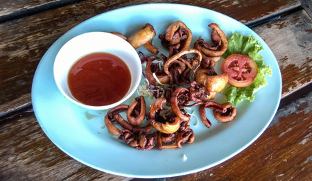 seafood squid on dish with chilli sauce, Thai seafood