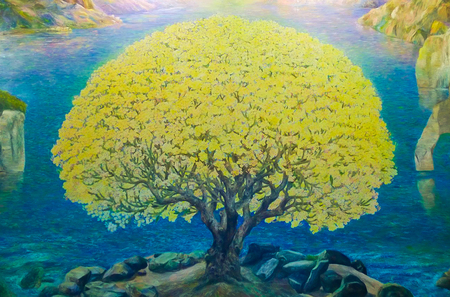 Watercolor paint of Nature landscape and yellow tree, Art on wall at Wat Bannrai, Public temple of Thailandの写真素材