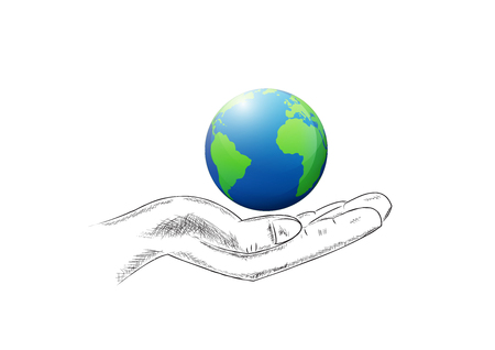 Design of earth on sketching of hand for World saving concept, vector illustrationのイラスト素材