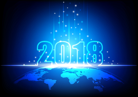 Happy New Year 2018, Futuristic technology abstract with glowing neon light on earth, shiny beam and sparkles, Vector illustrationのイラスト素材
