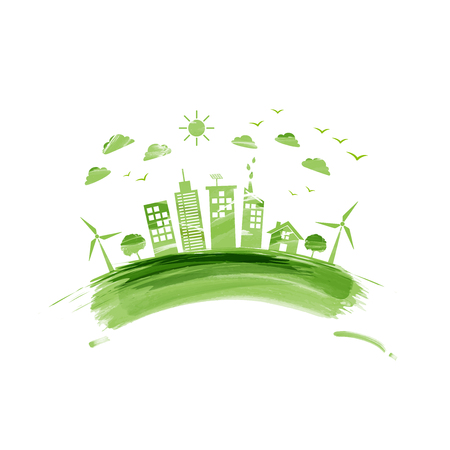 Ecology friendly, green city, environmentally saving concept with watercolor paint vector illustration.のイラスト素材
