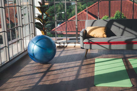 Exercise blue color ball in living room. Equipment for  Indoor sport fitness and Yoga at homeの写真素材