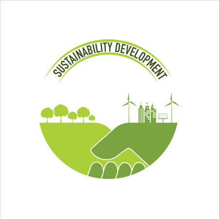 Green city and forest living together design on handshake for sustainability development and eco friendly concept, vector illustration logo designのイラスト素材