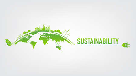 Ecology concept with green city on earth, World environment and sustainable development concept, vector illustrationのイラスト素材