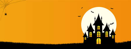 Happy Halloween template banner background with copyspace, Minimalist Design with the Castle, bat, web spider and full moon on Orange color Background, Vector illustrationのイラスト素材