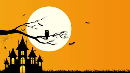 Happy Halloween template and background with copyspace, Design with the Castle, Owl holding on tree branch, bat, web spider and full moon on Orange color Background, Vector illustrationのイラスト素材