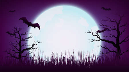 Happy Halloween Purple Violet Background with full moon, Dead tree and bat, Vector illustrationのイラスト素材