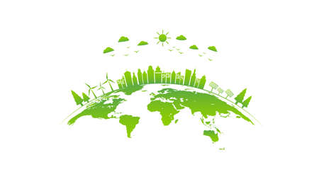 Ecology concept with green city on earth, World environment and sustainable development concept, vector illustrationのイラスト素材
