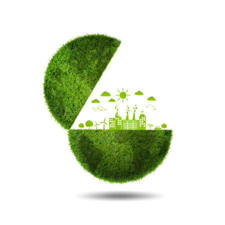 Green planet earth covered with grass. Earth day, Sustainable development, World environment day and Eco friendly conceptの写真素材