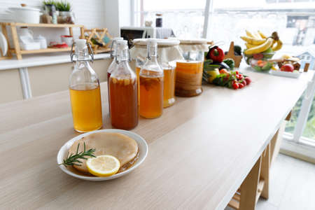 Kombucha tea, Kombucha fermented drink, bacteria and yeast,  fermentation, probiotic, Scoby, mushroom pro biotic, healthy fermented teaの写真素材