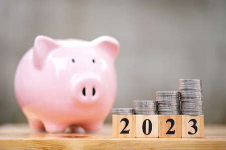 Money saving concept for new year 2023 with coins stacking and copyspaceの写真素材