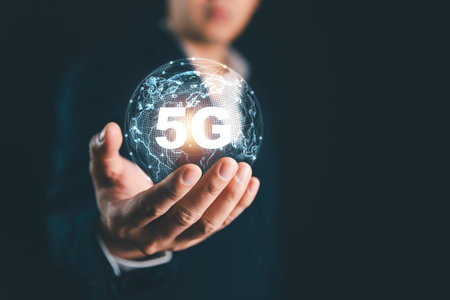 5G technology network concept, digital globe with interconnected 5G symbols, 5G technology in modern...