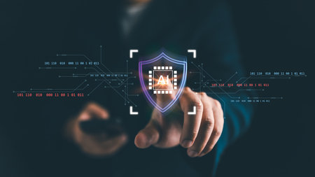 Cybersecurity concept with AI technology protection. Businessman touching virtual shield icon with artificial intelligence chip symbol, representing data security, privacy, and digital defenseの写真素材