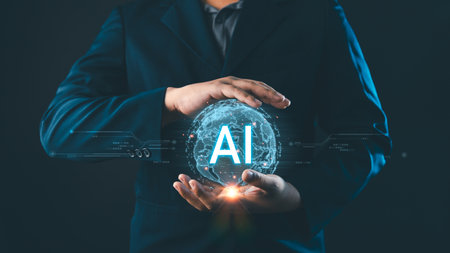 AI artificial intelligence futuristic technology concept, Businessman holding a glowing digital globe with AI text, innovation smart business, data analytics, and global digital transformationの写真素材