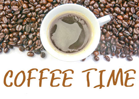 coffee and beans with text of coffee timeの写真素材