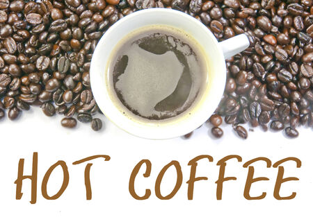 coffee and beans with text of hot coffeeの写真素材