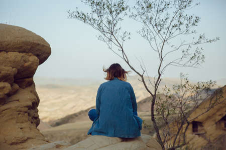 Loneliness in the mountains. Meditationsの写真素材