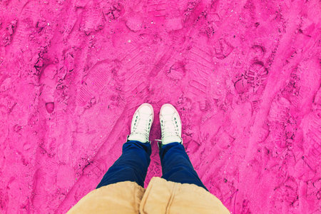Walk on the pink sand. Legs. Beachの写真素材