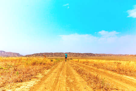 Young traveler guy walks wandering on hot savannahの写真素材