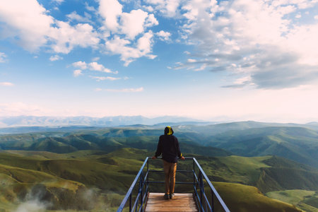 Travel man tourist alone on the edge viewing platform or observation point made from metal over amazing epic valley mountains adventure lifestyle extreme vacations landscapeの写真素材
