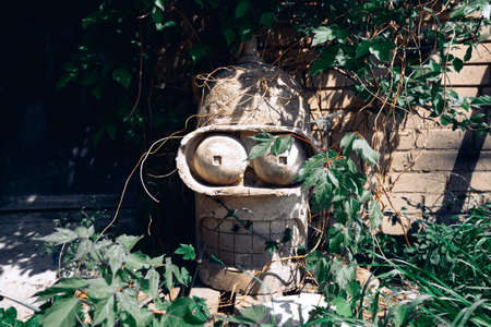 The concrete stone head of a Bender robot from the Futurama cartoon stands among green plantsの写真素材