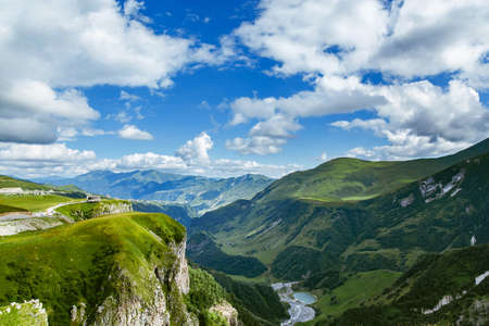 Beautiful view of green alpine meadows. Georgia, Europe. Caucasus mountains landscape. Beauty world. Travel conceptの写真素材